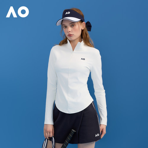 AO澳网时尚舒适灵活半拉立领修身透气速干网球运动长袖T恤女士