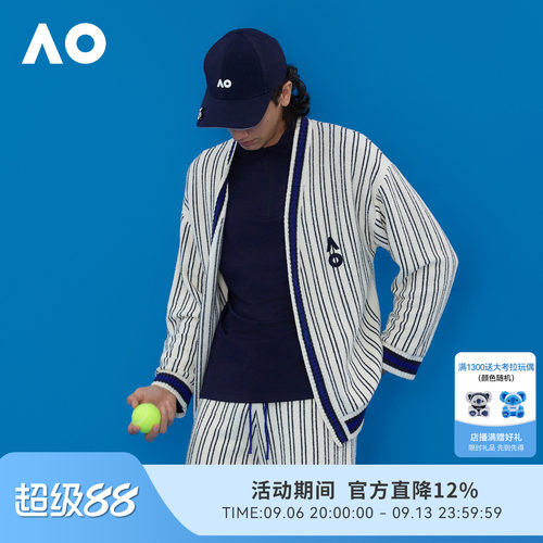 AO澳网间条针织开衫外套男女同款宽松运动休闲针织衫外套