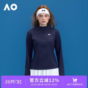 AO澳网秋冬新款加绒显瘦修身运动T恤女短款网球服半拉链套头卫衣