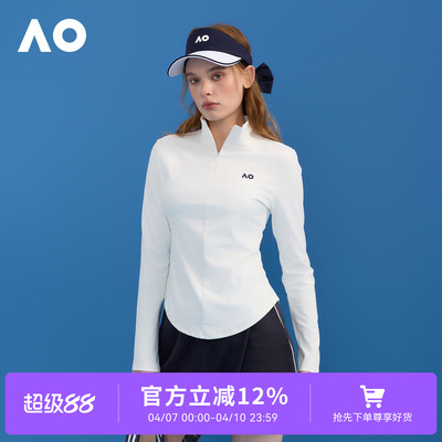 AO澳网时尚舒适灵活半拉立领修身透气速干网球运动长袖T恤女士