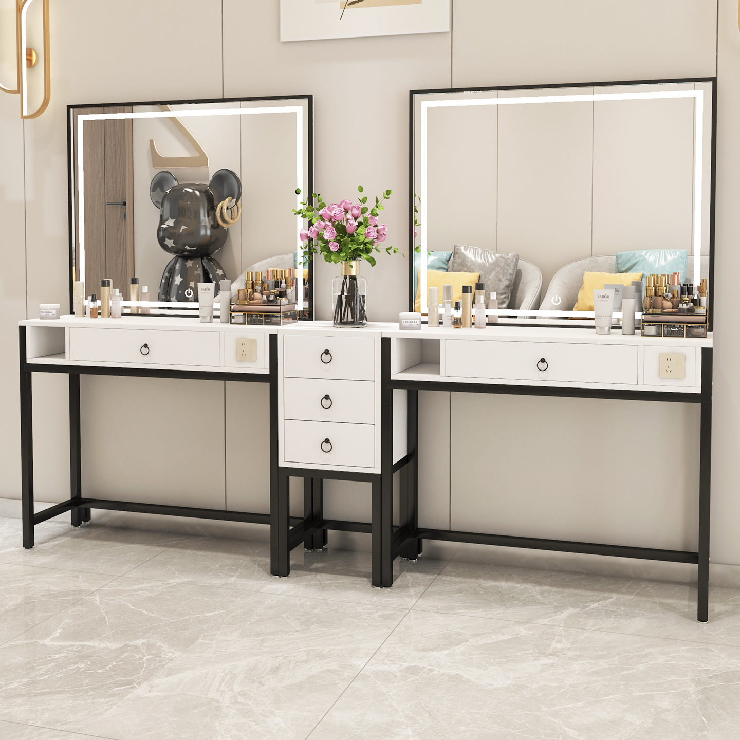 化妆桌影楼轻奢带灯彩妆梳妆台柜子一体专用理发店镜子美发化妆台