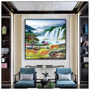 五牛图挂画国画玄关背景墙走廊过道书房正方形装饰画五牛图装饰画