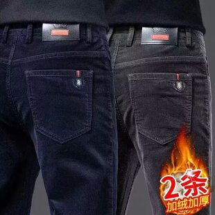 跨境加绒加厚灯芯绒休闲裤男春秋款潮流修身直筒裤子男士免烫长裤