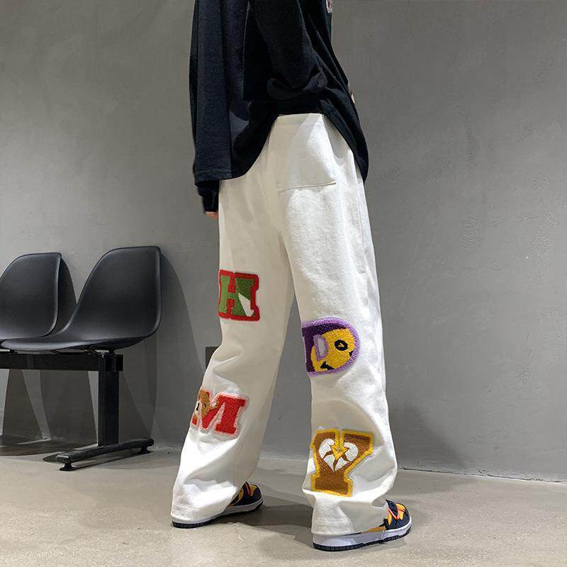 国潮vibe风裤子男宽松直筒秋冬白色休闲裤小众潮牌嘻哈高街阔腿裤