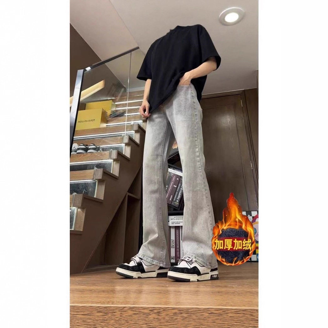 cleanfit灰色美式微喇牛仔裤男加绒加厚显高直筒不贴腿弯刀长裤子