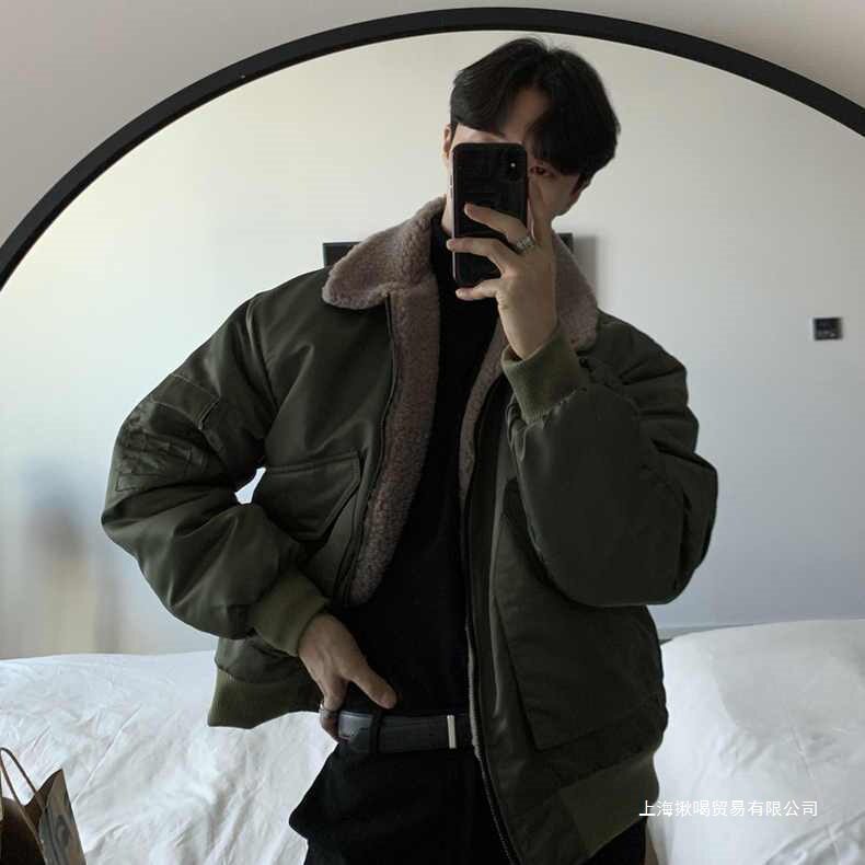 冬季加厚翻领棉服男韩版潮流港风加绒棉衣飞行员夹克宽松棉袄外套