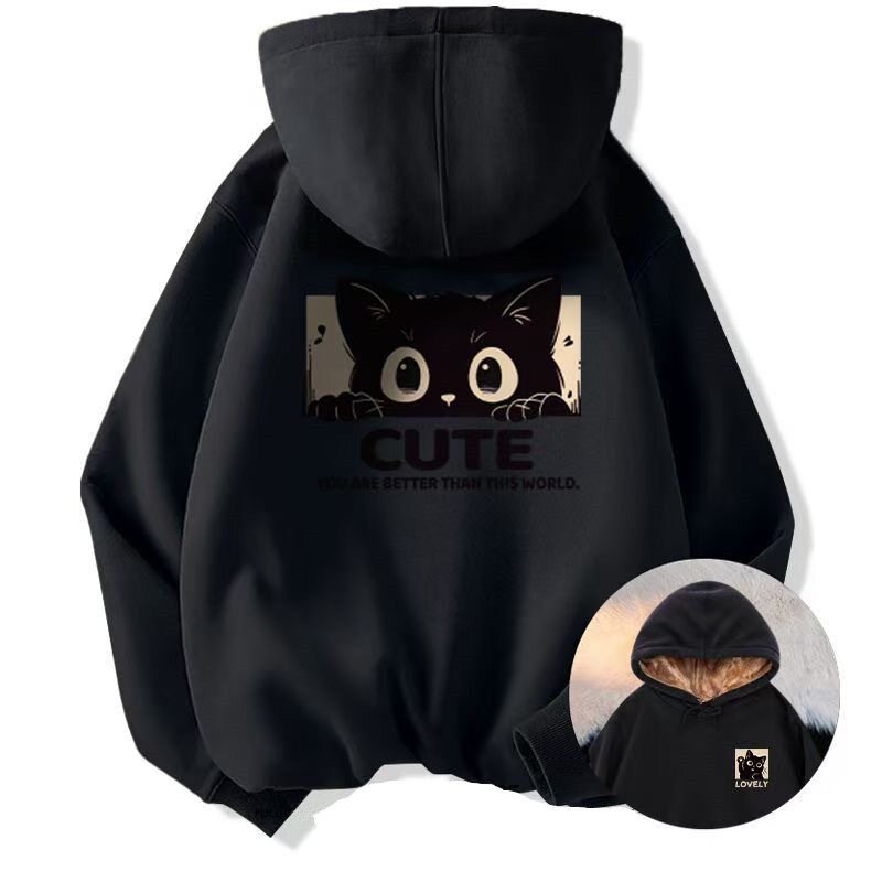 2025羊羔绒连帽卫衣秋冬加绒加厚新款印花青少学生上衣新潮