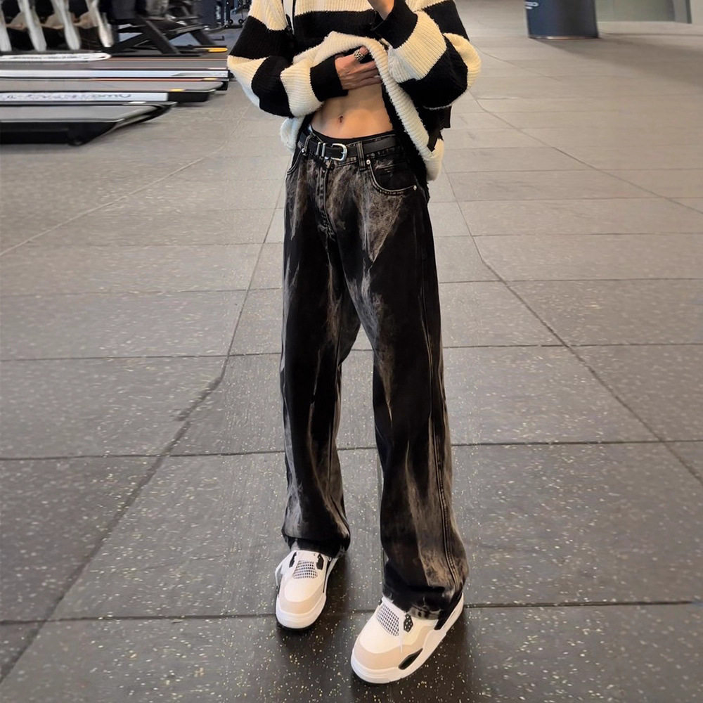 黑色扎染牛仔裤春秋男款潮牌痞帅炸街微喇裤美式drill直筒弯刀裤