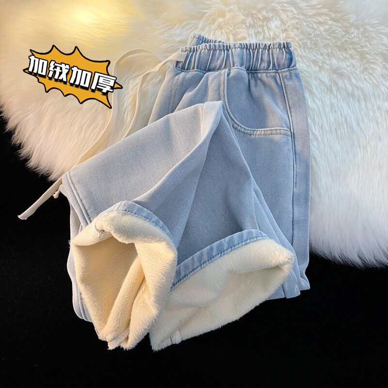 秋冬季加厚保暖阔腿裤男潮流美式复古宽松长裤男士加绒直筒牛仔裤