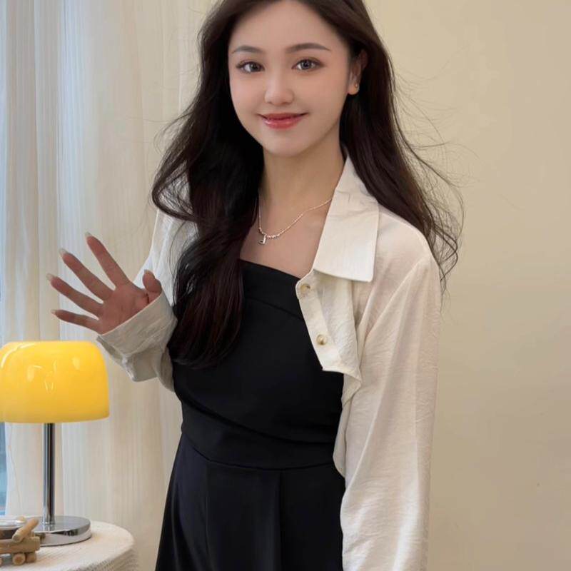 2024夏季法式小众清新衬衫开衫女吊带连体裤外穿别致修身显瘦套装