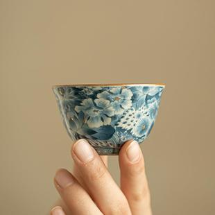 手工青花万花茶杯陶瓷茶具主人杯客杯岩茶杯品茗杯家用功夫茶具