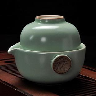 随手商务礼品装 汝窑旅行功夫茶杯快客杯便携一壶一杯陶瓷茶具套装