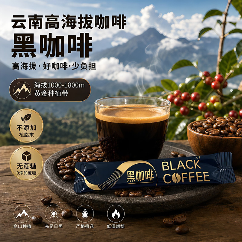 云南高山美式黑咖啡50条袋装小粒速溶黑咖啡特浓苦七彩之咖