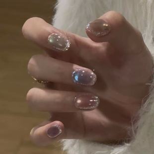 美甲小众高端设计师 手工穿戴甲薄荷绿可爱短款 五彩玻璃珠宝石