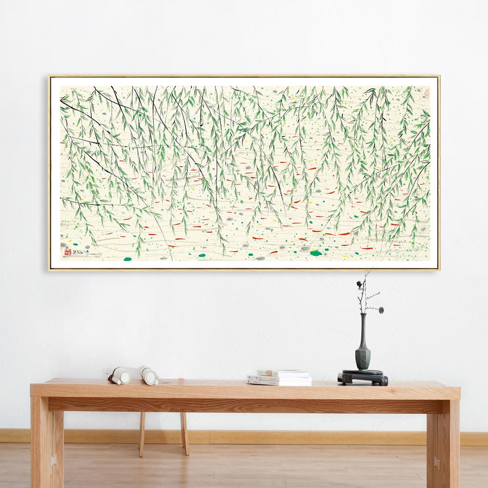 现代新中式客厅装饰画茶室书房背景中式墙饰挂画吴冠中漂柳鱼戏图图片