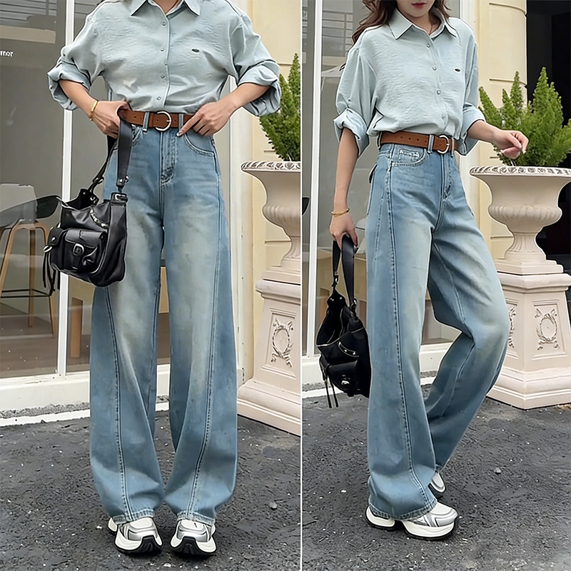 版型超好看的牛仔裤女2026新款春季设计感高腰时髦百搭弯刀阔腿裤