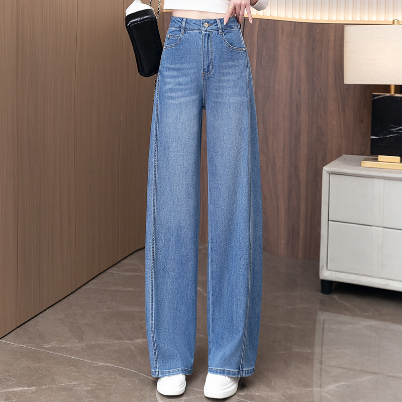 浅蓝色百搭阔腿牛仔裤女2026新款春季高腰时尚宽松垂感休闲弯刀裤