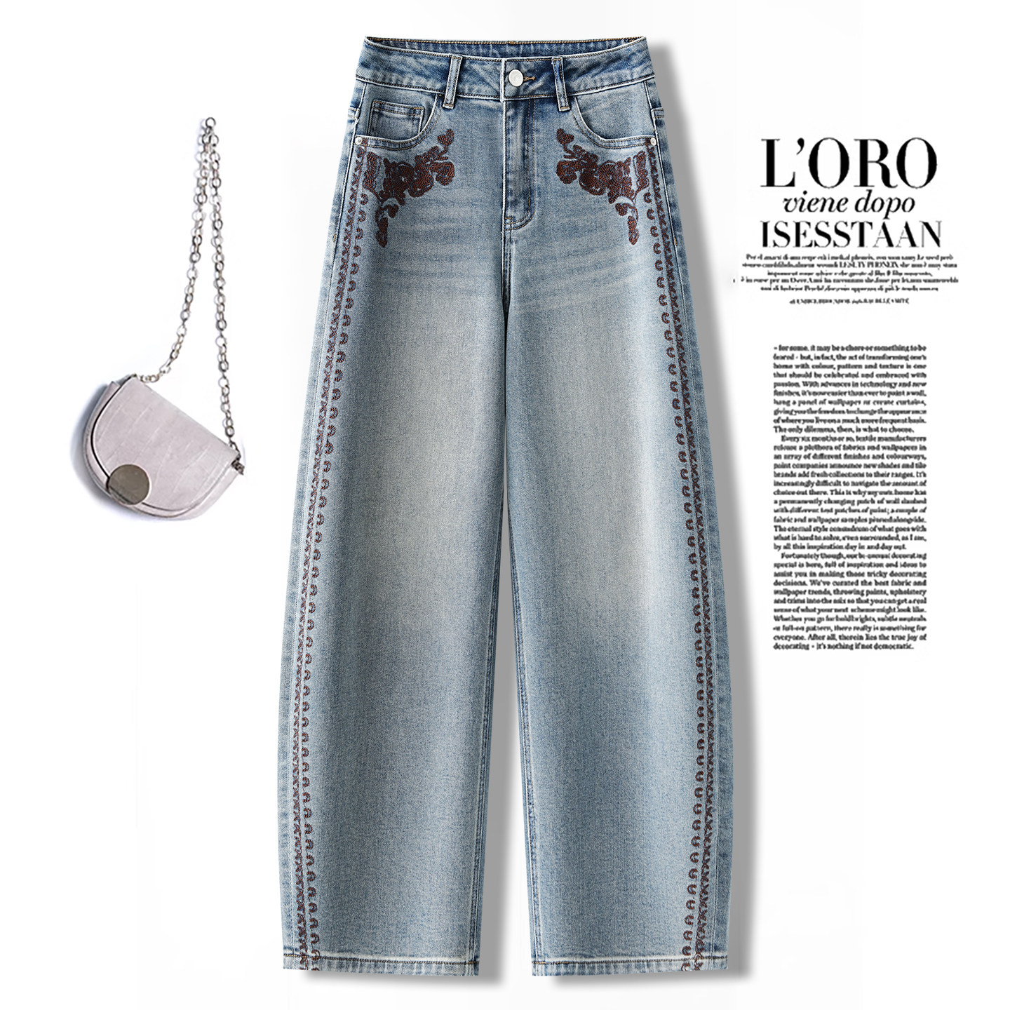 复古侧条纹花朵刺绣弯刀牛仔裤女2026新款春季高腰时髦百搭阔腿裤