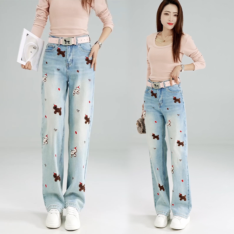 小狗刺绣精致浅蓝色阔腿牛仔裤女2026新款春季高腰小众减龄长裤,女装/女士精品,牛仔裤,淘宝优惠券,粉丝福利购,淘宝优惠卷
