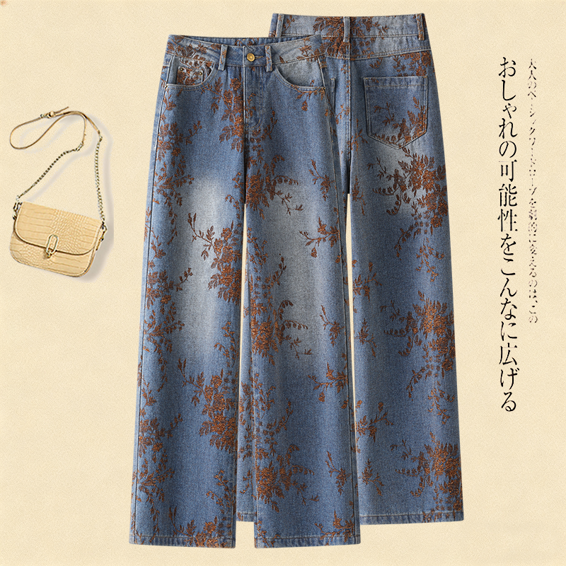 雪尼尔提花阔腿牛仔裤女2025新款