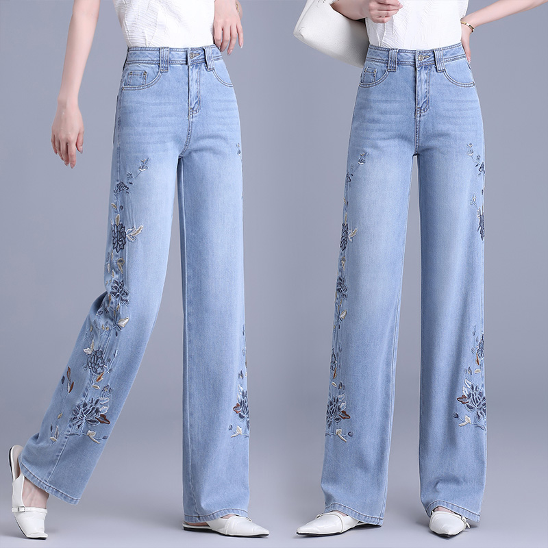 新中式国风刺绣阔腿牛仔裤女