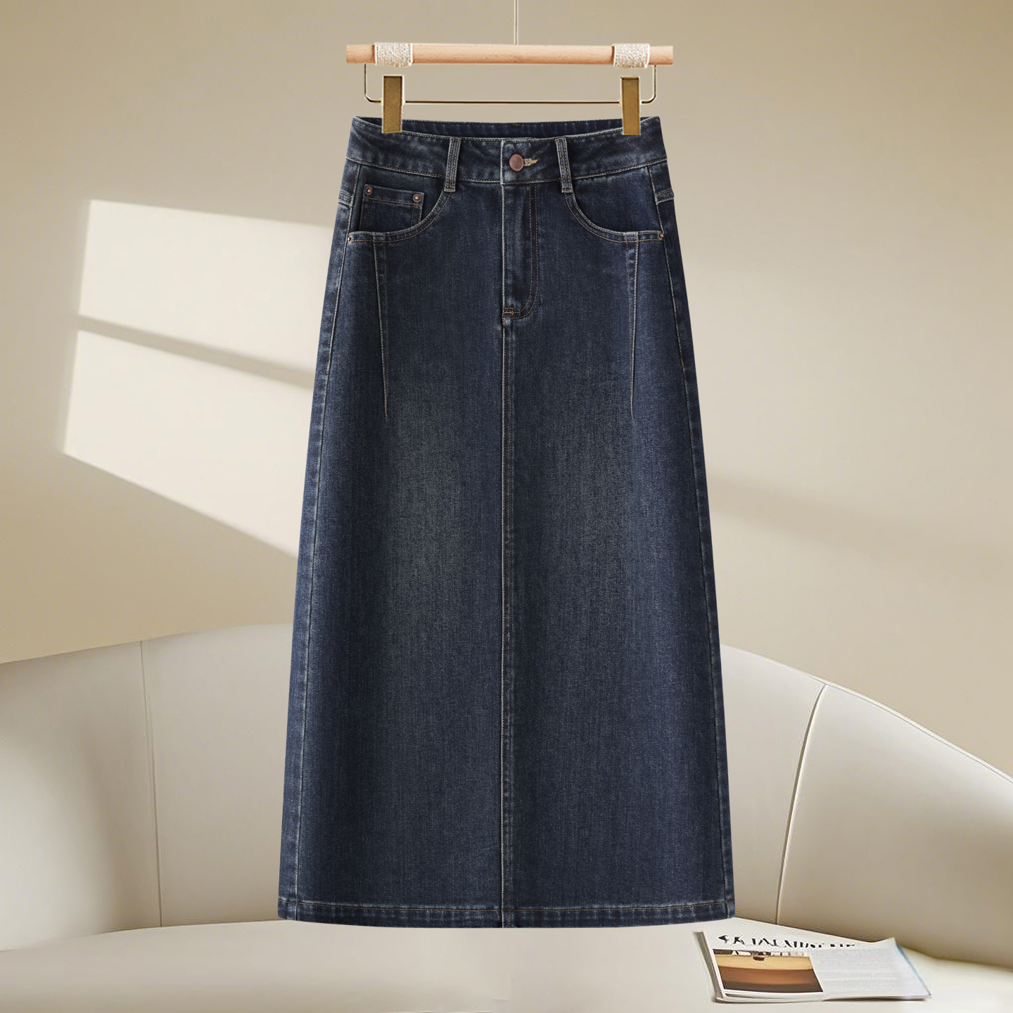 复古蓝牛仔高腰半身裙女2025秋季
