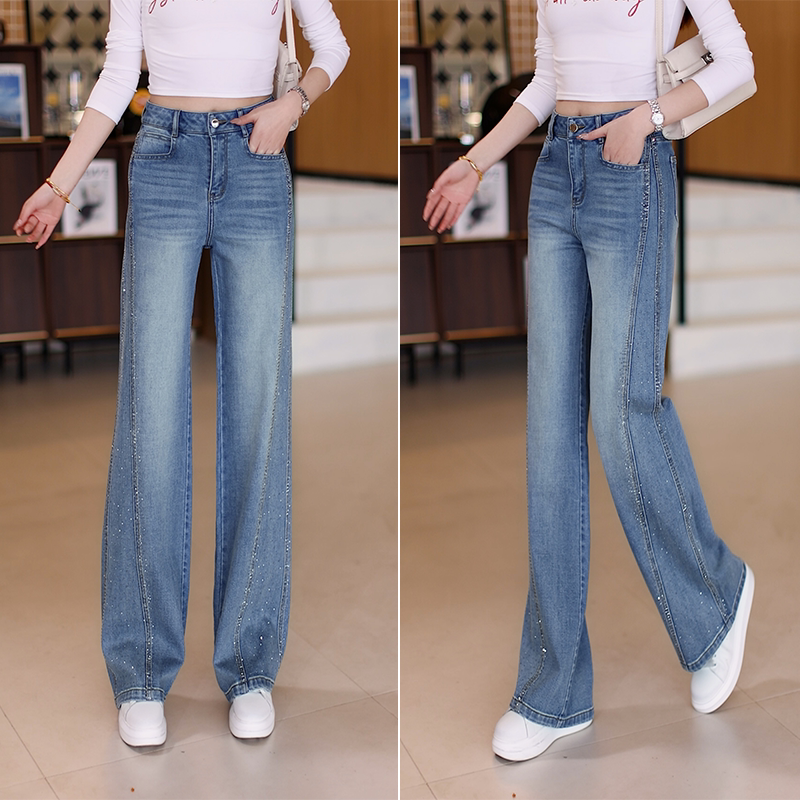 深蓝色侧边立体烫钻牛仔裤女2026新款春季高腰流行爆闪时髦阔腿裤