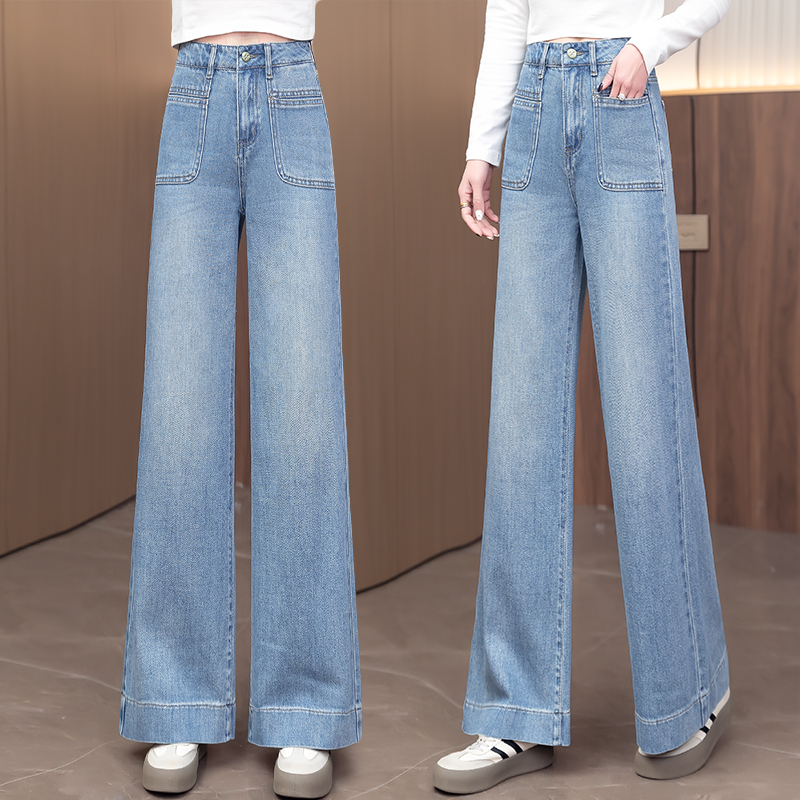 复古百搭蓝色高腰简喇牛仔裤女