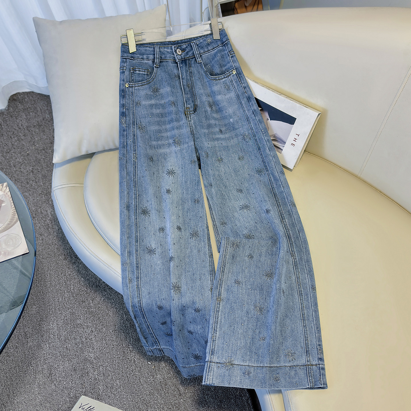 轻奢烟花小个子烫金阔腿牛仔裤女春秋2026新款高腰显瘦垂感九分裤