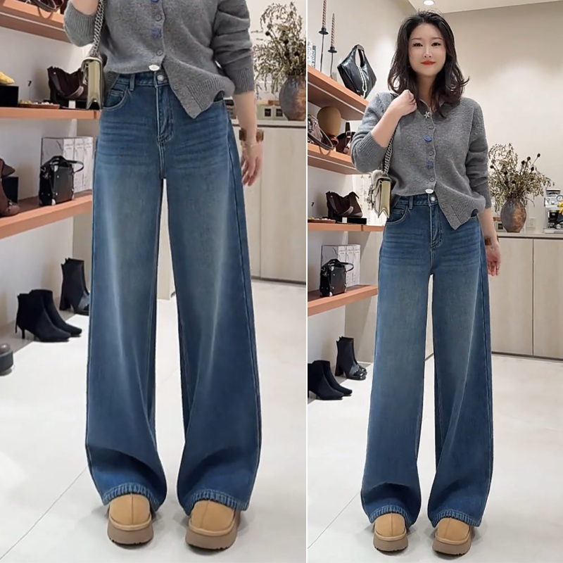 加绒加厚刺绣牛仔蓝阔腿裤女2025新款冬季高腰梨形身材显瘦拖地裤