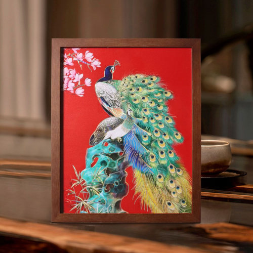 手工錾刻铜雕画摆台新中式孔雀