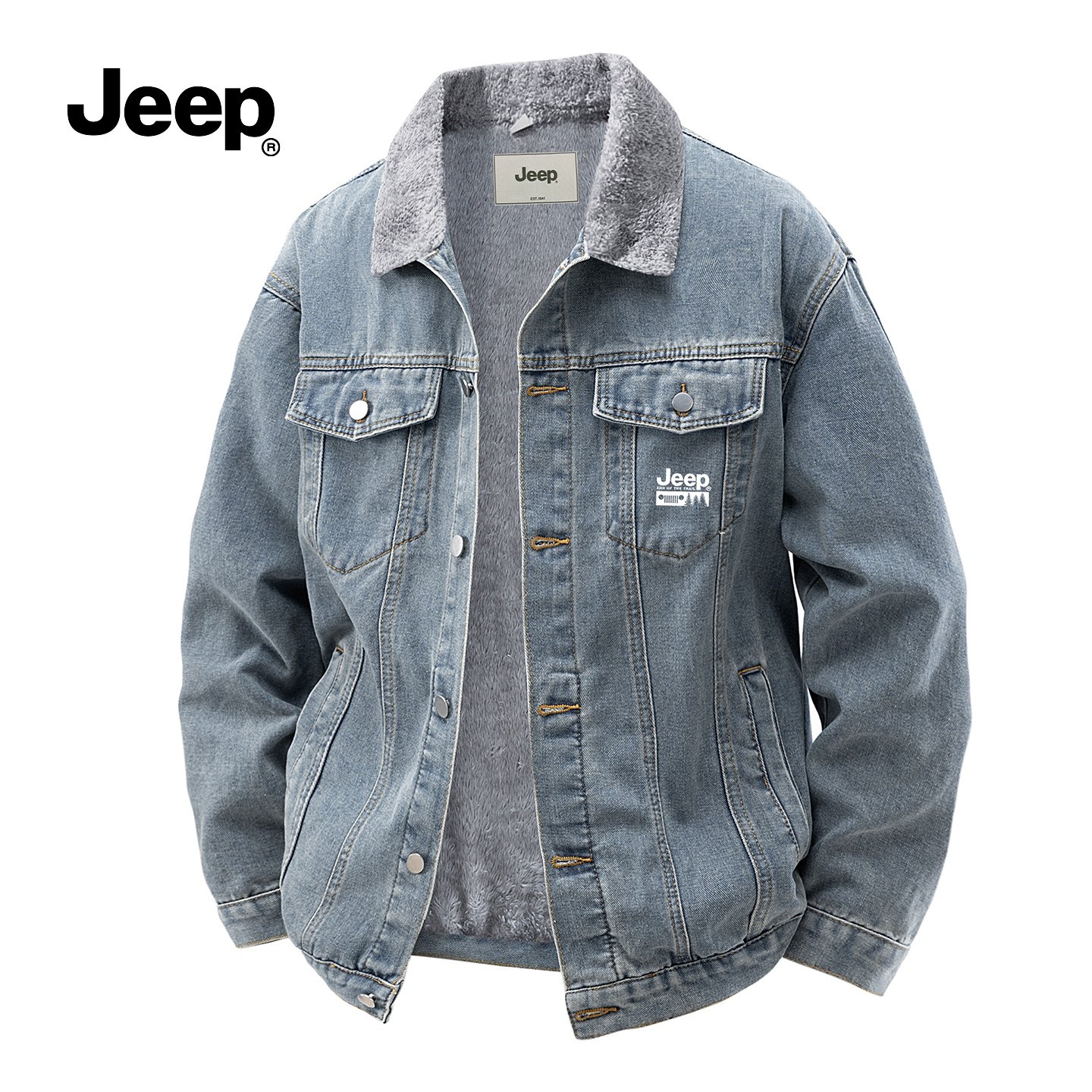 Jeep吉普美式水洗加绒牛仔外套男秋冬季新款复古保暖休闲翻领夹克
