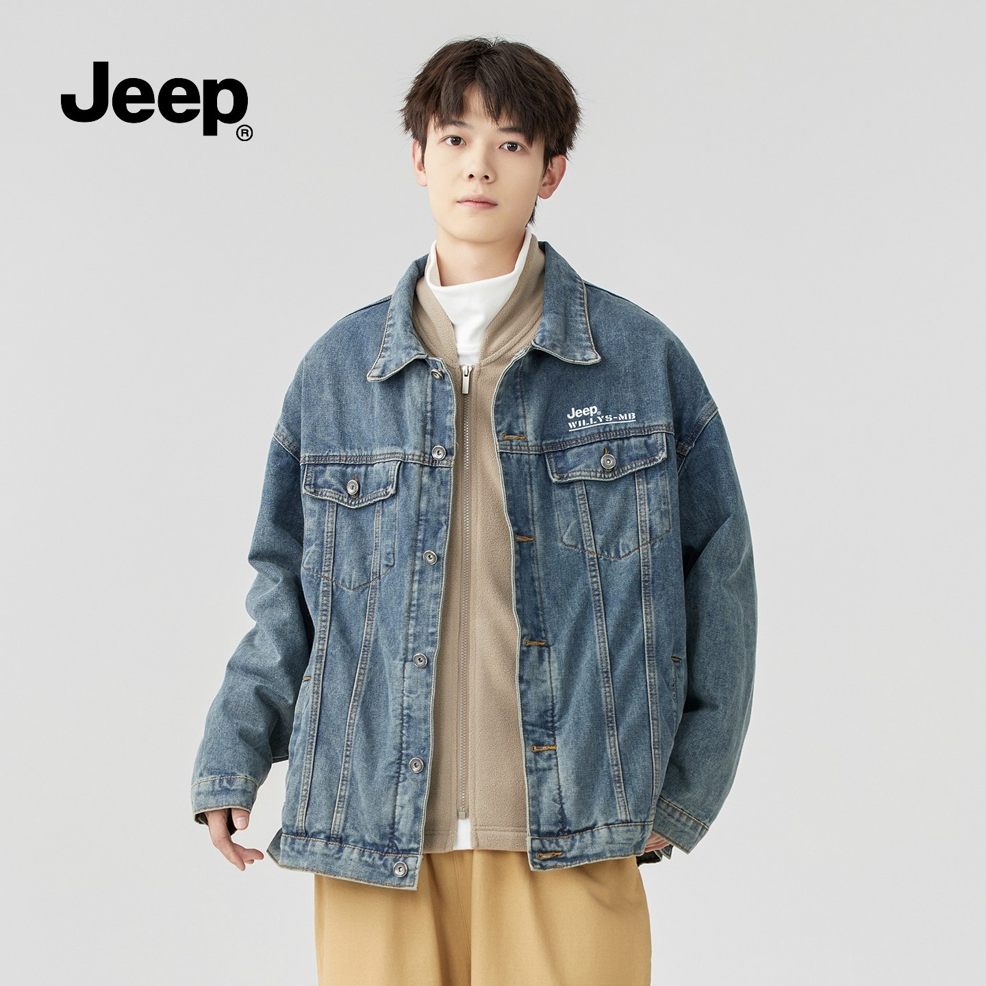 Jeep吉普复古美式水洗牛仔外套男秋冬2025保暖加绒休闲两件套