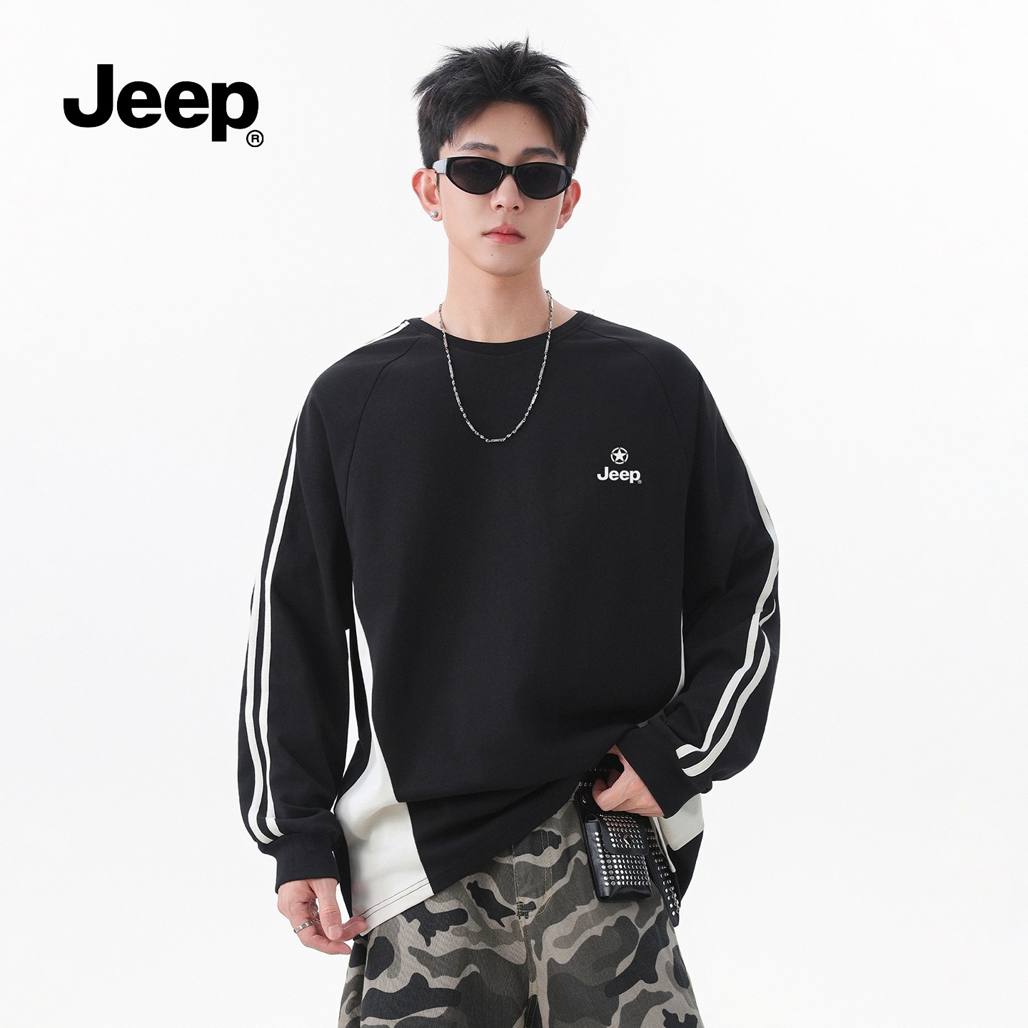 JEEP吉普条纹撞色重磅长袖T恤男生春夏2026美式复古休闲运动上衣,男装,T恤,淘宝优惠券,粉丝福利购,淘宝优惠卷