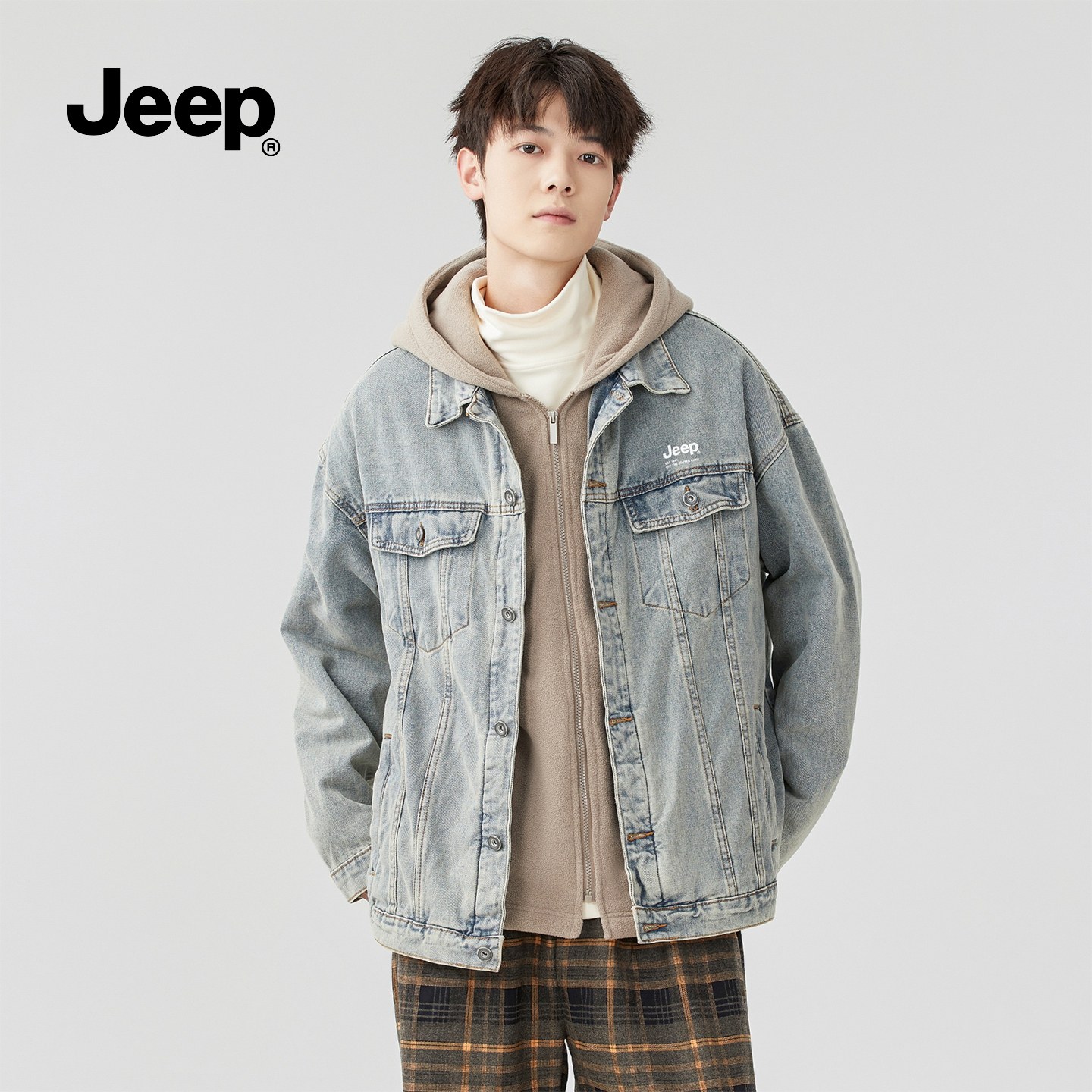 Jeep吉普水洗牛仔连帽外套男秋冬2025新款复古加绒保暖两件套