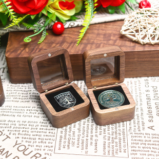 黑胡桃木开窗纪念币盒金币银币勋章收纳礼品徽章盒校徽pin木盒