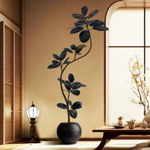 饰花 仿真绿植橡皮树黑金刚诧寂风高端轻奢客厅植物盆栽室内落地装