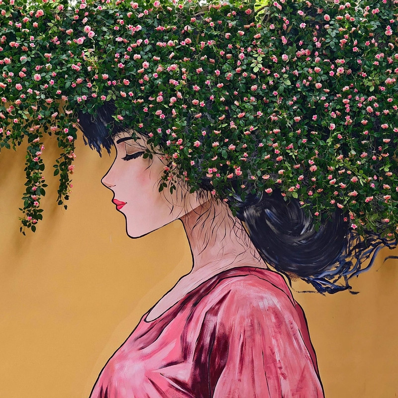 立体网红打卡花墙蔷薇月季假花小女孩拍照墙绘装饰改造仿真花造景