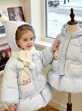 正版cookie女童羽绒服中长款冬季90白鸭绒连帽杜邦三防小雪人冬装