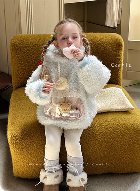 cookie秋冬新款儿童仿貂绒卫衣上衣口袋玩偶女童宝宝卡通连帽毛衣
