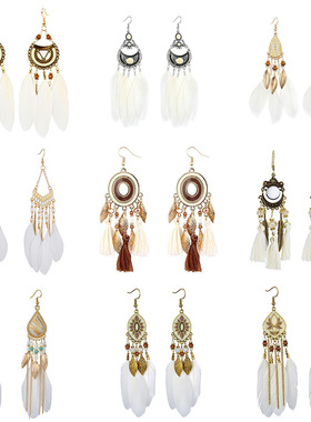 热销白色羽毛流苏耳环波西米亚长款复古耳饰云南旅游耳饰