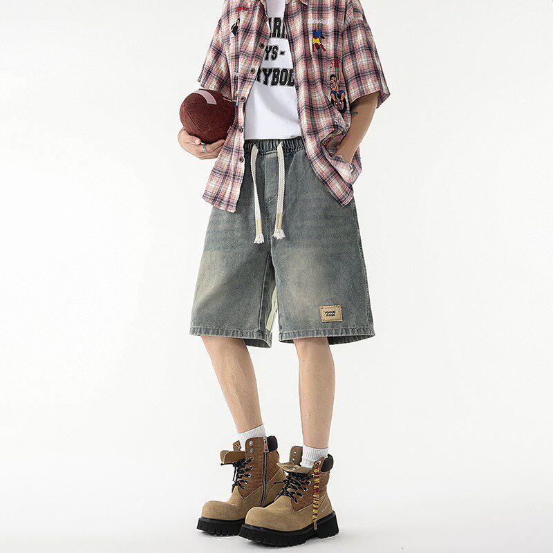 新品抽绳直筒牛仔短裤男款街头复古水洗J做旧美式潮牌宽松阔腿五