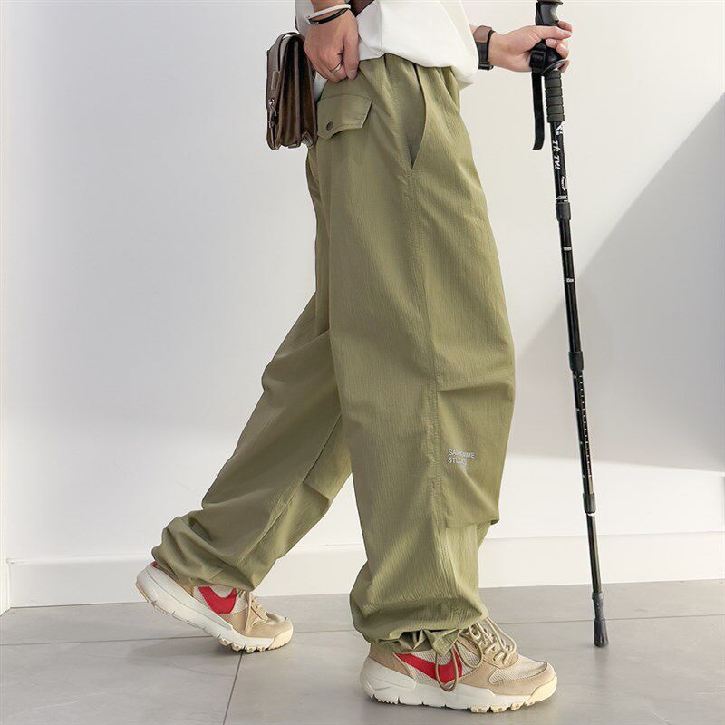 新品蓝色收脚伞兵裤男q裤子大码薄款休闲裤加肥加大宽松工装直筒