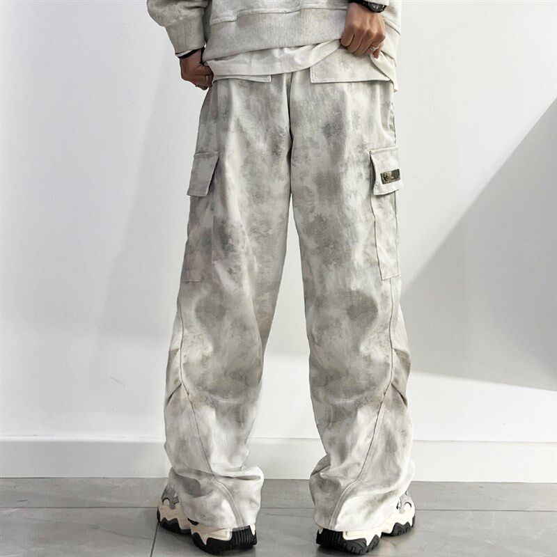 新品扎染军绿f迷彩工装裤男裤子大码薄款直筒裤加肥加大宽松休闲