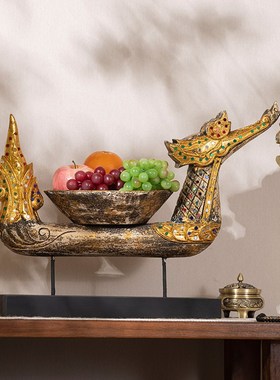 极速泰国木雕工h艺品创意龙舟摆设家居客厅茶几复古果盘禅意装饰