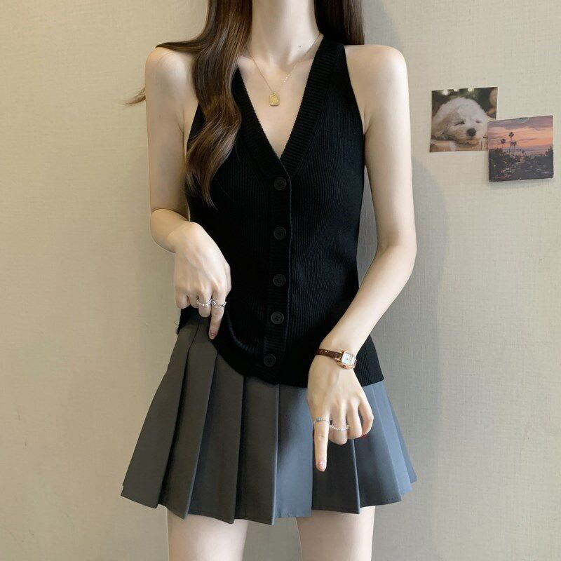 新品鹅黄色v领针织吊带背心女夏外穿大码胖MM法T式甜辣妹纯欲无袖