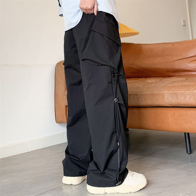 新品织带折裥薄款工装裤男裤子大码加肥加大号Q休闲长裤宽松户外