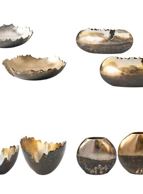 进口铝制复古做旧渐变色水墨感扁圆形花器花瓶摆件样板间碎边果盘