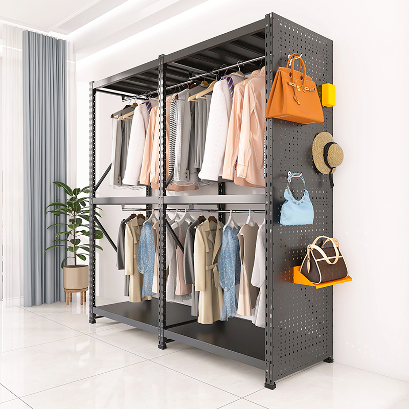 黑色衣架卧室家用落地组合衣帽架出租房用钢制洞洞板货架挂衣柜子