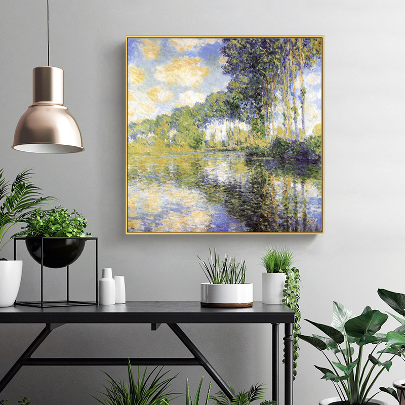 沿着河的白杨树 莫奈油画餐厅挂画壁画玄关画电箱装饰画无框画